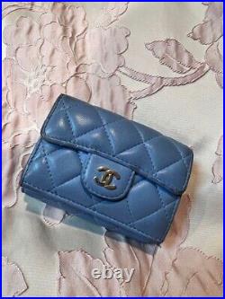 Auth CHANEL Matelasse Coco Mark Trifold Wallet Compact Purse Leather Light Blue