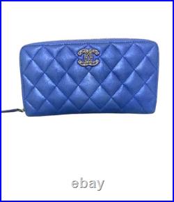 Auth CHANEL Matelasse Long Wallet Blue Quilted Coco Mark CC Logo Zip
