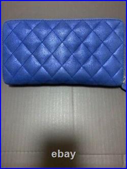 Auth CHANEL Matelasse Long Wallet Blue Quilted Coco Mark CC Logo Zip