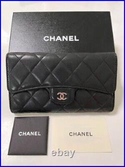 Auth CHANEL Matelasse Long Wallet Lambskin Black Trifold Coco Mark CC Logo withBox