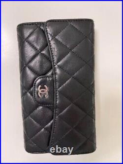 Auth CHANEL Matelasse Long Wallet Lambskin Black Trifold Coco Mark CC Logo withBox