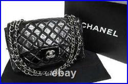 Auth CHANEL Matelasse Shoulder Bag Silver Coco Logo W Chain Patent Leather Black