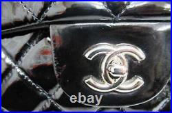 Auth CHANEL Matelasse Shoulder Bag Silver Coco Logo W Chain Patent Leather Black