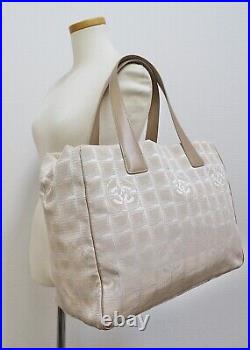Auth CHANEL New Travel Line Beige Nylon and Leather Tote Bag Purse #57204