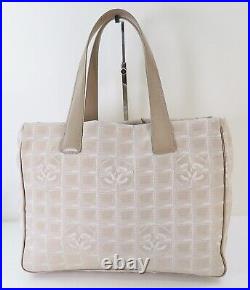 Auth CHANEL New Travel Line Beige Nylon and Leather Tote Bag Purse #57521