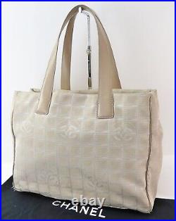 Auth CHANEL New Travel Line Beige Nylon and Leather Tote Bag Purse #57543