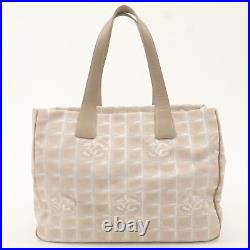 Auth CHANEL New Travel Line Nylon Jacquard Leather Tote MM Beige A15991 Used F/S