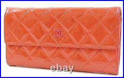 Auth CHANEL Orange Quilted Patent Leather CC Long Wallet Snap Coin Purse #52358