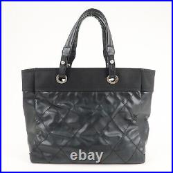 Auth CHANEL Paris Biarritz MM Coated Canvas Leather Tote Bag A34209 Used F/S