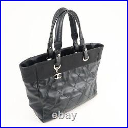 Auth CHANEL Paris Biarritz MM Coated Canvas Leather Tote Bag A34209 Used F/S