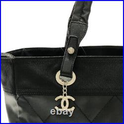 Auth CHANEL Paris Biarritz Tote MM Black Coated Canvas Nylon Leather Handbag