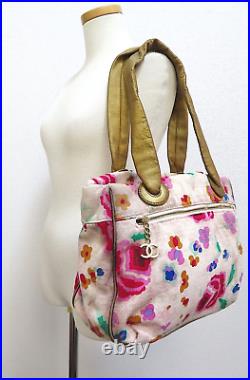 Auth CHANEL Pink Floral Printed Canvas Tote Shoulder Bag Purse #56488