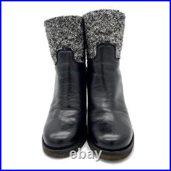 Auth CHANEL Short Boots Black Coco Mark Tweed Leather Heel Size 37.5 US 7 1/2