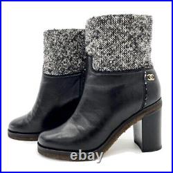 Auth CHANEL Short Boots Black Coco Mark Tweed Leather Heel Size 37.5 US 7 1/2