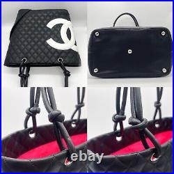 Auth CHANEL Tote Bag Black White Calf Leather CAMBOM Vintage MM