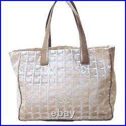 Auth CHANEL Travel Line Shoulder Tote Beige Logo Jacquard Fabric Leather Straps