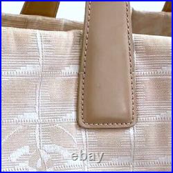 Auth CHANEL Travel Line Shoulder Tote Beige Logo Jacquard Fabric Leather Straps