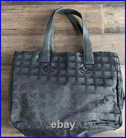Auth CHANEL Travel Line Tote PM Tote Bag Black Nylon Jacquard Used