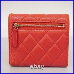 Auth CHANEL Trifold Wallet Matelasse Lambskin Cherry Red Gold Hardware Women's