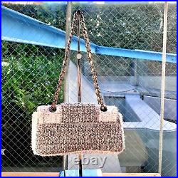 Auth CHANEL Tweed Chain Shoulder Bag Beige Gray Vintage From Japan