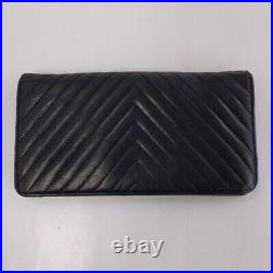 Auth CHANEL V Stitch Long Wallet Black Leather Bifold Flap Silver Coco Mark Logo