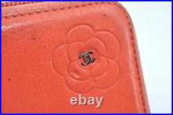 Auth CHANEL Vintage Camellia Calf Skin CC Logo Long Wallet Pink Orange K3399
