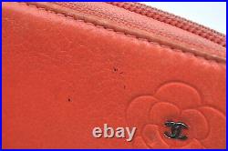 Auth CHANEL Vintage Camellia Calf Skin CC Logo Long Wallet Pink Orange K3399