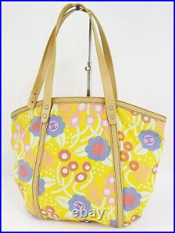 Auth CHANEL Yellow Canvas and Brown Leather Tote Shoulder Bag Purse #51655