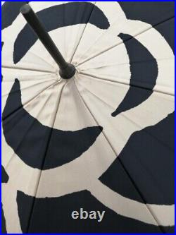 Auth CHANEL camellia Coco Mark Umbrella Polyester White Black Made in France
