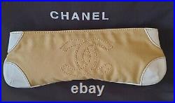 Auth. Chanel 2003 Long CC Logo Clutch, Case White Leather Musterd Color Canvas