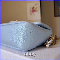 Auth Chanel 21K My Perfect Mini classic Flap CC Chain Bag Iridescent Blue Caviar