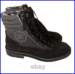 Auth Chanel CC Logo Black Suede Gray Canvas Combat Biker Boots EU 40 US 9.5