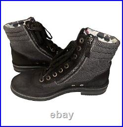 Auth Chanel CC Logo Black Suede Gray Canvas Combat Biker Boots EU 40 US 9.5