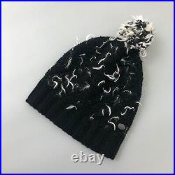 Auth Chanel CC Logo Black White Cashmere Wool Mohair Pom Pom Beanie Hat Size M