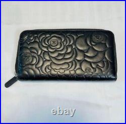 Auth Chanel Camellia Long Wallet flower Push Coco Mark Silver Leather Black Zip