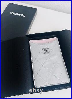 Auth Chanel Card Case Wallet Silver Leather Pink CC Logo