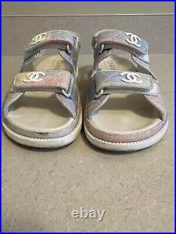 Auth Chanel Dad Sandals Quilted Pink Blue Tie Dye Canvas, CC Logo, Size 38