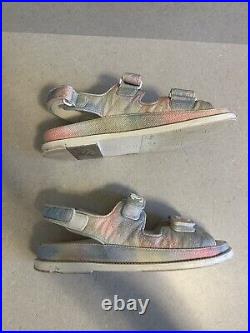 Auth Chanel Dad Sandals Quilted Pink Blue Tie Dye Canvas, CC Logo, Size 38