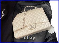 Auth Chanel Double Flap Maxi Pearly Caviar Light Beige Ivory Crossbody Bag