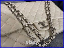 Auth Chanel Double Flap Maxi Pearly Caviar Light Beige Ivory Crossbody Bag