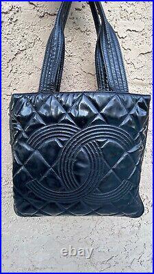 Auth Chanel Matelasse Women's Quilted Patent Leather Tote Bag Black
