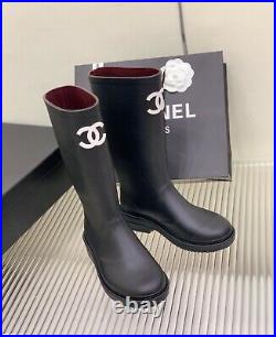 Auth Chanel Rubber Black Rain Boots White CC Logo Size 38