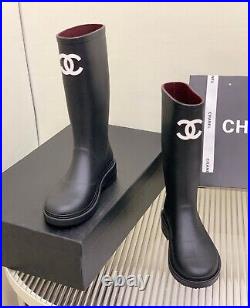 Auth Chanel Rubber Black Rain Boots White CC Logo Size 38