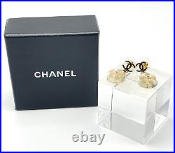 Auth Chanel Stud Pierced Earrings Clear Double C Logo Camellia With Box #A1228