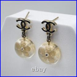 Auth Chanel Stud Pierced Earrings Clear Double C Logo Camellia With Box #A1228