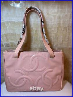 % Auth Chanel Triple CC Logo Pink Patent Leather Handbag Tote Bag