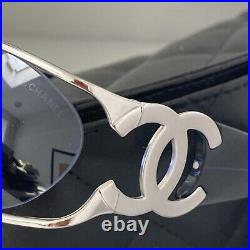 Auth Vtg CHANEL 4023 Lrg CC LOGO silver Metal Frame Blue Oval Lenses Sunglasses