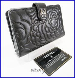 Beautiful Auth CHANEL Camellia leather lambskin wallet black Bifold From Japan