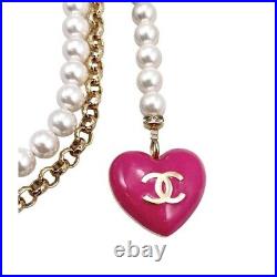 CHANEL BELT AUTH Coco Chain CC Rare Gold Vintage Logo Necklace Heart Pearl F/S