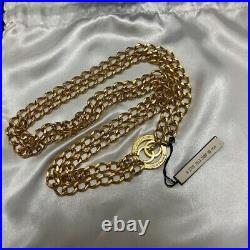 CHANEL BELT AUTH Coco chain CC Rare Vintage Gold Medal Coin 70cm Necklace Circle